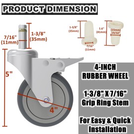 RILIDRI 4-Inch Swivel Stem Caster, 7/16-Inch Stem Diameter Rubber Wheel, Heavy Duty TPR Replacement Wheels for Rubbermaid Mop Bucket Cart Grill Casters - 4 Pack (2 Brakes 2 Swivel)