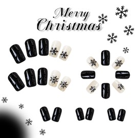 Christmas Press on Nails Short Square Black Snowflake False Nails with Gold Glitter Powder Design Full Cover Xmas Coffin Nails Black Christmas Stick on Nails Winter Glossy Glue on Nails for Women