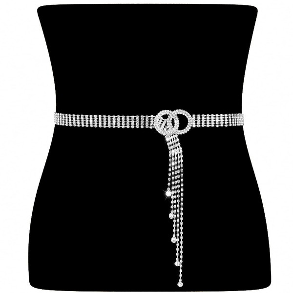 WHIPPY Women Rhinestone Belt Silver Shiny Diamond Fashion Crystal Ladies Double O-Ring Waist Belt for Jeans Dresses Fit Waist Size 35-41 Inches