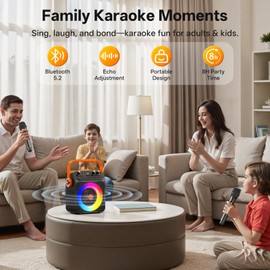 Karaoke Machine, Portable Bluetooth Karaoke Speaker with 2 Wireless Microphones for Adults, PA System with Echo Adjustment, LED Lights, Supports USB/TF/REC/FM/AUX, for Home Party, Outdoor
