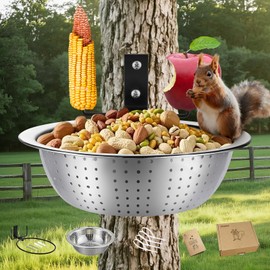Ofasixx Squirrel Feeder with Metal Drainage Bowl, Squirrel Feeders for Outside, 8.5" Removable Bowl Easy to Clean/Refill, 2 Squirrel Corn Cob Spikes for Various Food, Tree/Fence Mount,Notebook(Brown)