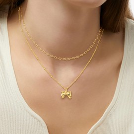 Gold Layered Necklaces for Women Dainty 14K Gold Plated Stack Bow Pendant Necklace Cute Trendy Small Tiny Bow Choker Chain Necklace Set for Women Simple Gold Jewelry Gift