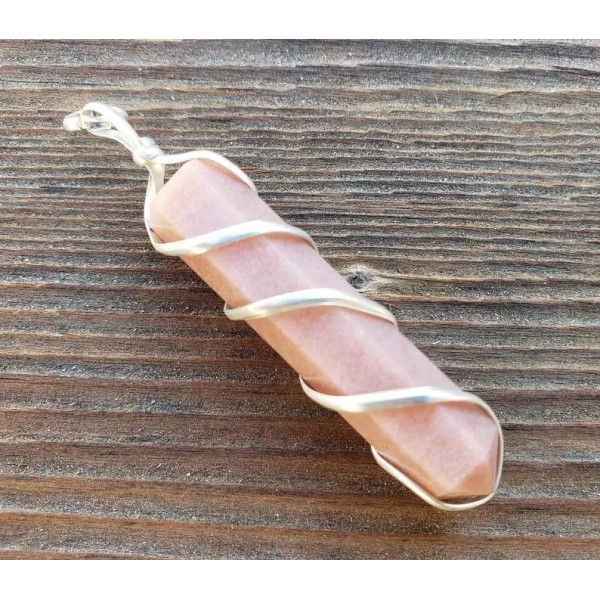 PINK AVENTURINE SPIRAL WIRE WRAPPED PENCIL POINT PENDANT GEMSTONE