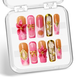 Handmade Press on Nails Long Square Fake Nails French False Nails with Golden Rose & 3D Flower Luxury Pearl Bow Thickened Acrylic Nails Design Full Cover Flower Press on Nail for Women Nail Artï¼ˆM)