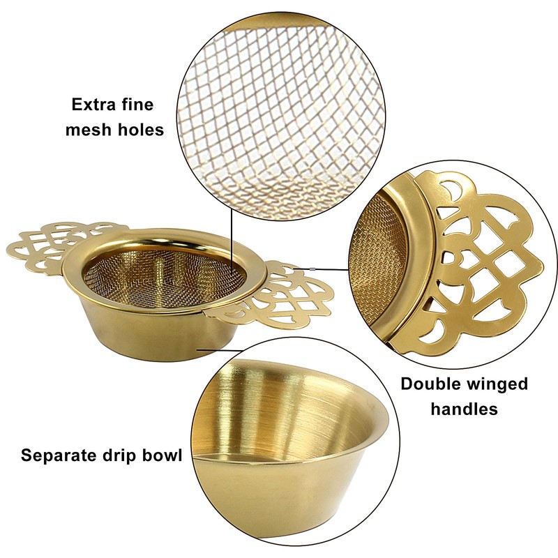 Moicstiy 4 Pack Tea Strainers with Drip Bowls, Stainless Steel