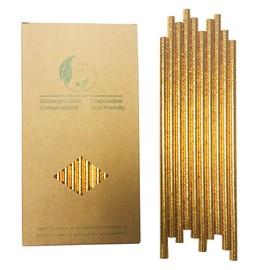 Compostable Gold Foil Solid Paper Straws - 6x197mm (100 Count) Eco-Friendly Biodegradable Drinking Straws, Plastic-Free Party Supplies for Weddings, Birthdays, Decoration
