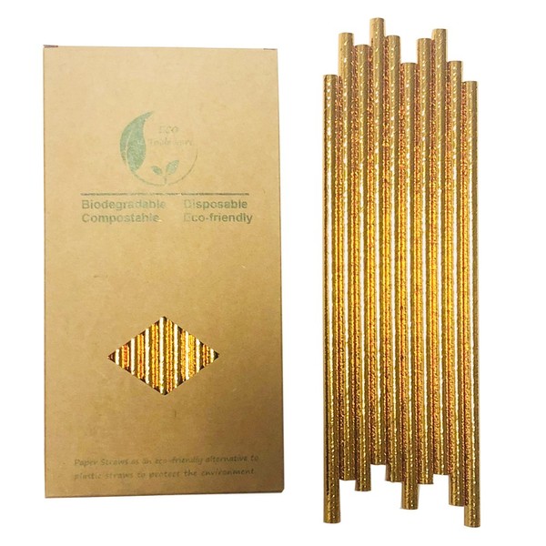 Compostable Gold Foil Solid Paper Straws - 6x197mm (100 Count)