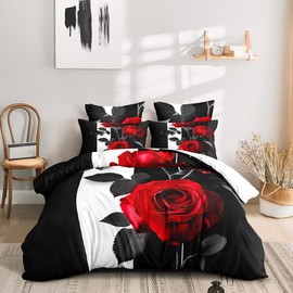 CCoutueChen Romantic Rose Comforter Cover Queen Size Red Botanical Floral Duvet Cover Black White Striped Bedding Set for Women Men Soft Aesthetic Flower Bed Duvet Cover(2 Pillowcases, No Comforter)