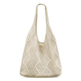 Auliuse Crochet Tote Bags for Women Knitted Handbags Beige Mesh Beach Tote Bag Crochet Woven Beach Bag for Women Holiday Travel Daily Daily Work Shopping (Beige)
