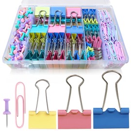 Paper Clips and Binder Clips Assorted Sizes, 240 PCS Colored Office Clips Set Large Medium Small Paper Clamps Paperclips Push Pin Thumb Tacks, College Supplies Home Office Supplies Document Organizing
