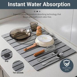 ELESULTRA Stone Drying Mat For Kitchen Counter - 24"x16" Quick Dry Dish Drying Mat Large Foldable Stone Dry Mats for Bathroom Absorbent Drying Mats for Kitchen Dishes Bath Pets Trivet (Grey)