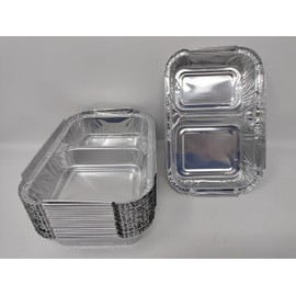 50 x 2 Compartment Aluminium Foil Rectangular Roasting Oven Baking Dish Tray BBQ Airfryer 203x133x30mm