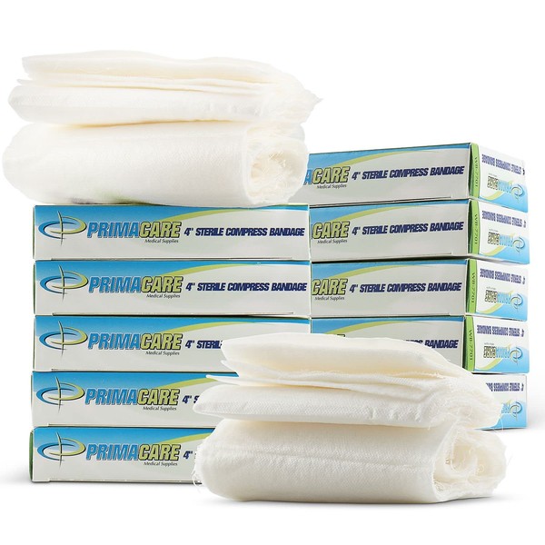 Primacare WB-7701-CS Pack of 12 First Aid Sterile Compress Bandage for Wound Dressing, Medical Supplies Gauze Bandage Rolls, 4" x 7" Pad