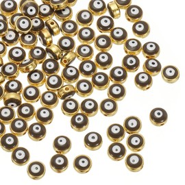 PATIKIL 8mm Evil Eye Beads, 100 Pcs Flat Round Turkish Evil Eye Charm with Golden Edge Spacer Beads Eyeball Bead for Bracelet DIY Necklace Earrings Making, Coffee
