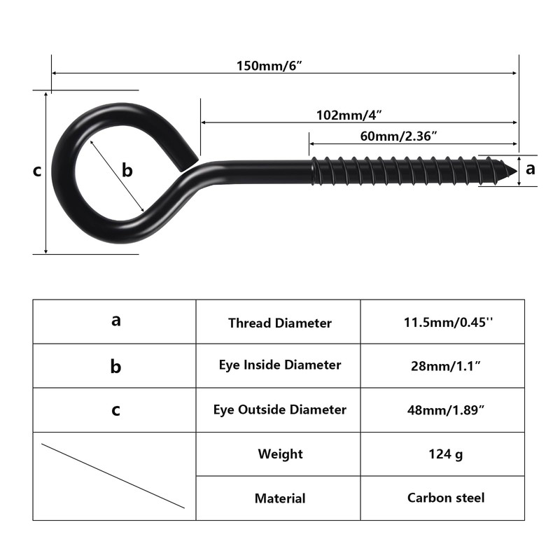 6 Inch Black Eye Hooks Screw Heavy Duty Self Tapping