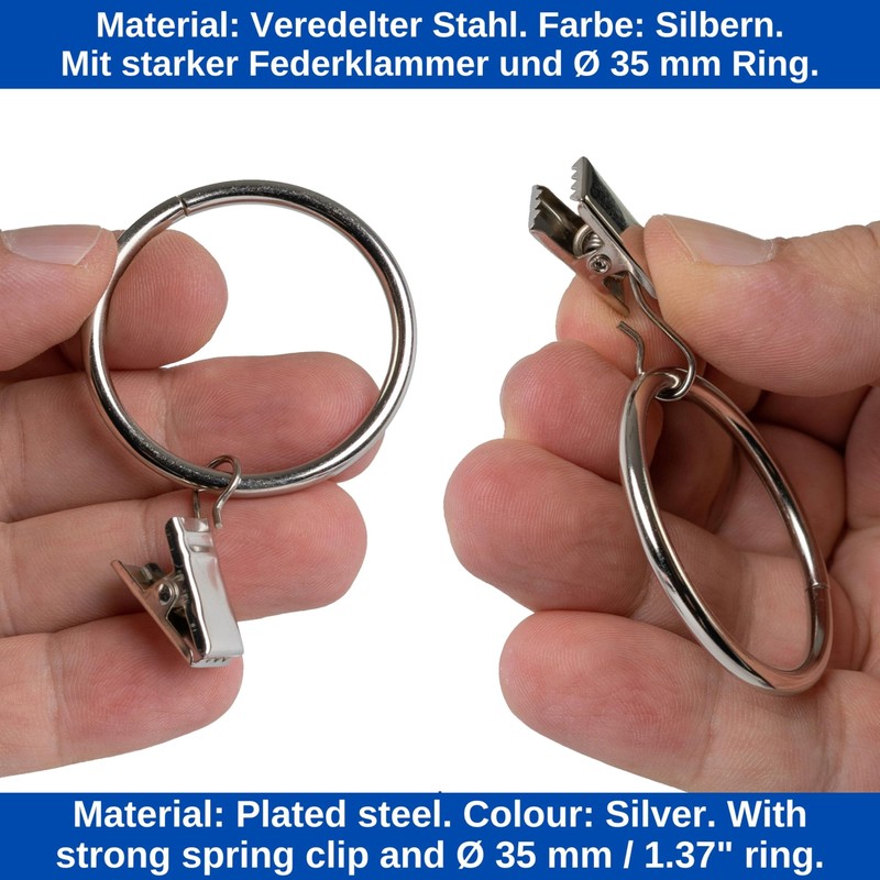 Curtain Clips with Rings, Pack of 30, in Silver Colours,