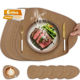 HELI MIAO Placemats and Coasters, Set of 6, Washable and Double-Sided Non-Slip Place Mats, Leather Faux Leather, Place Mat Leather Look, Waterproof Place Mats (Oval, Brown)