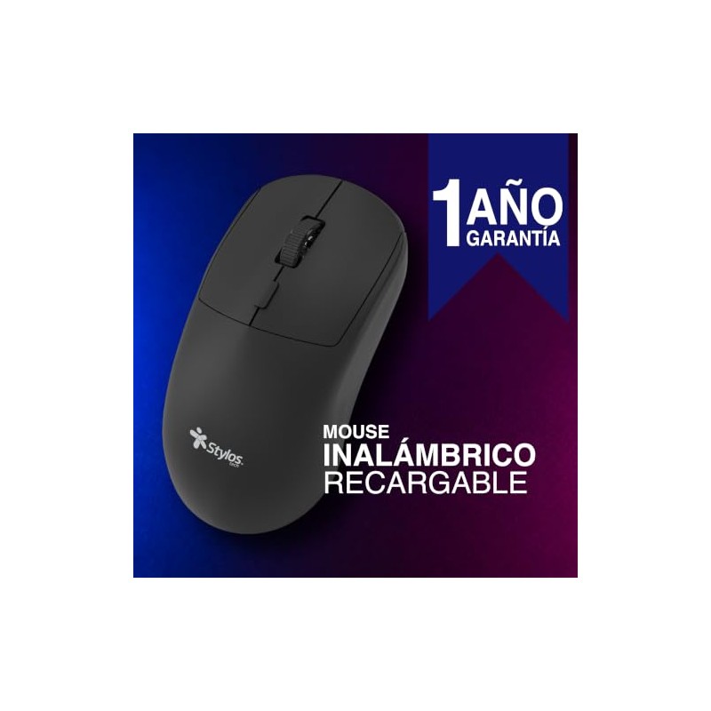 Mouse Inalambrico Negro Recagable 1600 dpi Stylos Tech