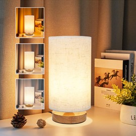 3-Color Adjustable Bedside Table Lamp for Bedroom,Minimalist Wood Base&Round Fabric Shade,Cozy Lighting Nightstand Boho Lamp,Study Reading Desk Night Stand Light for Living Room,Office,kitchen,Nursery