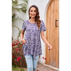 Enmain Tunic Tops for Women UK Short Sleeve Purple Swing Tops Round Neck Ladies Summer Elegant Hanky Ham Tunics for Holiday, Purple, 2XL