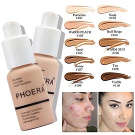 Phoera Foundation, Phoera Primer, Phoera Powder, Concealer Cover, Liquid Matt, Full Coverage, Make Up Foundation Brush and Powder Brush, Make Up Sponge (Buff Beige #104 + Sand #105)