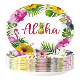 Grencian 50Pcs Hawaiian Luau Oval Paper Plates 10" X 12" Disposable Tropical Aloha Party Plates Heavy Duty Dinnerware Hawaiian Floral Luau Party Decorations for Summer Beach Birthday Party Holiday