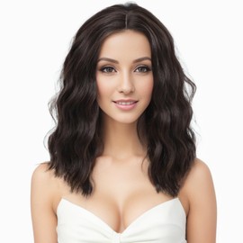 PARXITN Short Bob Wig Darkest Brown Curly Wavy Synthetic Hair Natural Look Wig Medium Part Glueless Lace Front Wigs for Women