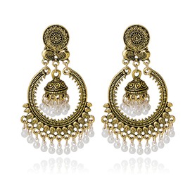 Bohemian Chandelier Earrings for Women Vintage Jhumkas Indian Earrings Boho Ball Tassel Large Earrings Ethnic Flower National Mexico Gypsy Earrings Lightweight Indian Bollywood Jewelry (Gold Pearl)