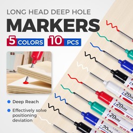 10 Pcs Long Head Deep Hole Marker, 2025 New 20mm Long Nib Marker Pens Permanent Markers, Quick Dry Waterproof Fine Tip Marker Pens, Carpenter Marker Pen for Office Supplies, Art Projects, Woodworking