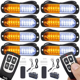EASE2U E Led Strobe Lights for Trucks Vehicles Suvs, 12-24 8pcs Emergency Warning Caution Hazard Construction Ultra Slim Sync Car with Control Box Surface Mount (White Amber)