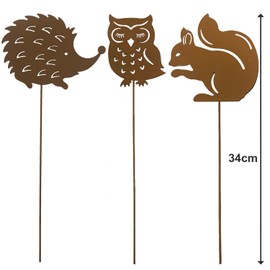 KRONLY Garden Stake Owl, Hedgehog, Squirrel (Pack of 3) / Rust Stake Weatherproof Garden Decoration Outdoor