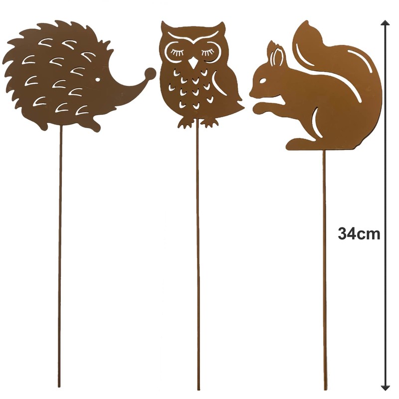 KRONLY Garden Stake Owl, Hedgehog, Squirrel (Pack of 3) /