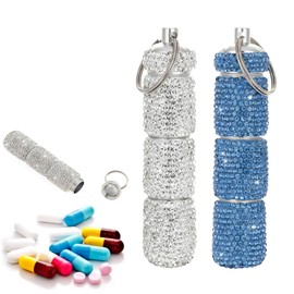 2 Pcs Bling Rhinestone Portable Pill Case with Keychain Small Fancy Container Glitter Waterproof Holder for Women Aluminum Bottle Reusable Outdoor Camping (White, AB Color)