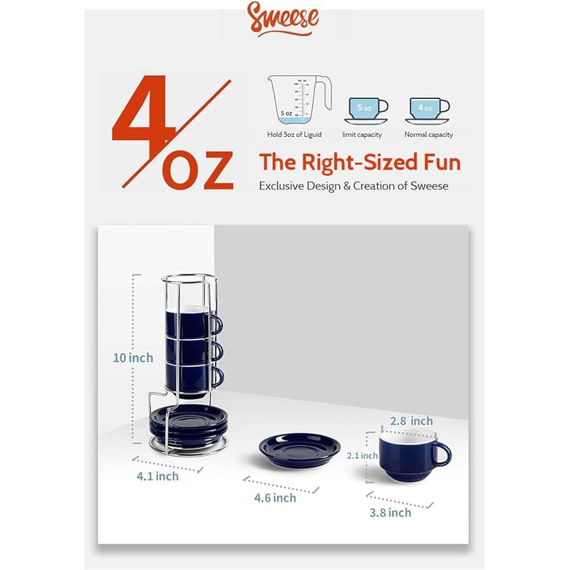 Sweese 4 Ounce Porcelain Stackable Espresso Cups with Saucers and