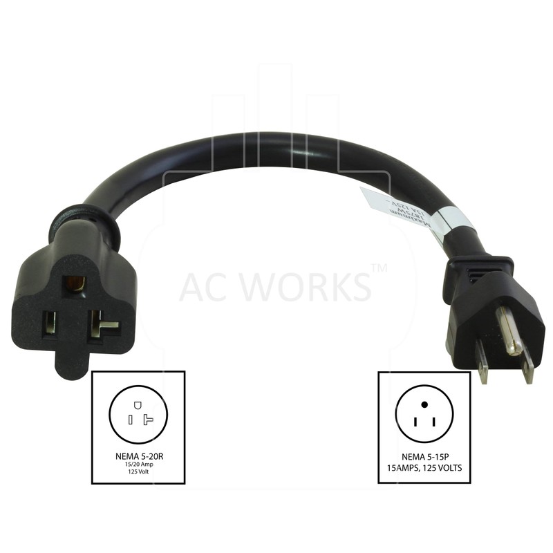 CordtecPower 1FT 15-Amp to 20-Amp Adapter Cord NEMA 5-15P to