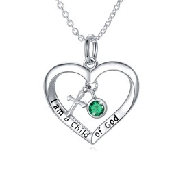 PEIMKO Baptism Gifts for Women May Birthstone Cross Heart Pendant Necklace 925 Sterling Silver First Communion Gifts 16 Inch