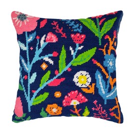 Howie's Needlepoint Needlepoint Kits for Adults, Pillow Front Cross Stitch Kit with Embroidery Pattern on Canvas, Yarn, 2 Needles and Instruction, 16 x 16inch(Stick Figure Flowers)