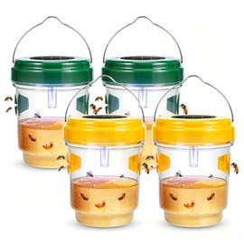 2026 Upgraded Solar Wasp Traps Outdoor Hanging, 4 Pack Hornet & Bee Traps with LED Light, Reusable Yellow Jacket Trap for Outdoors, Carpenter Bee Protection for Patio, Backyard, Garden