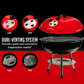 OVENTE 14-Inch Portable Charcoal Grill with Dual Venting System for Outdoor Cooking, Lightweight and Easy to Use Small Barbecue Griller for Backyard, Patio, Camping, Picnic and Parties, Red GQR0400BR