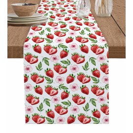 Fruit Cotton and Linen Table Runner 60 Inches, Pink Flower Strawberry Dresser Decor Table Runners for Dining Party Holiday Wedding Table Decoration