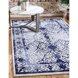 Unique Loom La Jolla Collection Tone-on-Tone Traditional Ivory/Blue Area Rug (7' 0 x 10' 0)