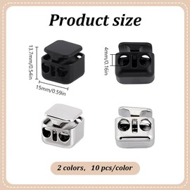 FREEBLOSS 20Pcs Heavy Duty Cord Locks Double Hole Drawstring Stopper Fastener 2 Colors Draw String Clip Metal Toggles for Drawstrings Shoelaces
