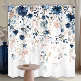 Ufeela Blue Pink Floral Shower Curtain Flower Wildflower Rustic Boho Girl Blossom Watercolor Gold Eucalyptus Leaf Bathroom Set Plant Botanical 72Wx72L Inch Bath Curtain Bathtub Accessories Home Decor