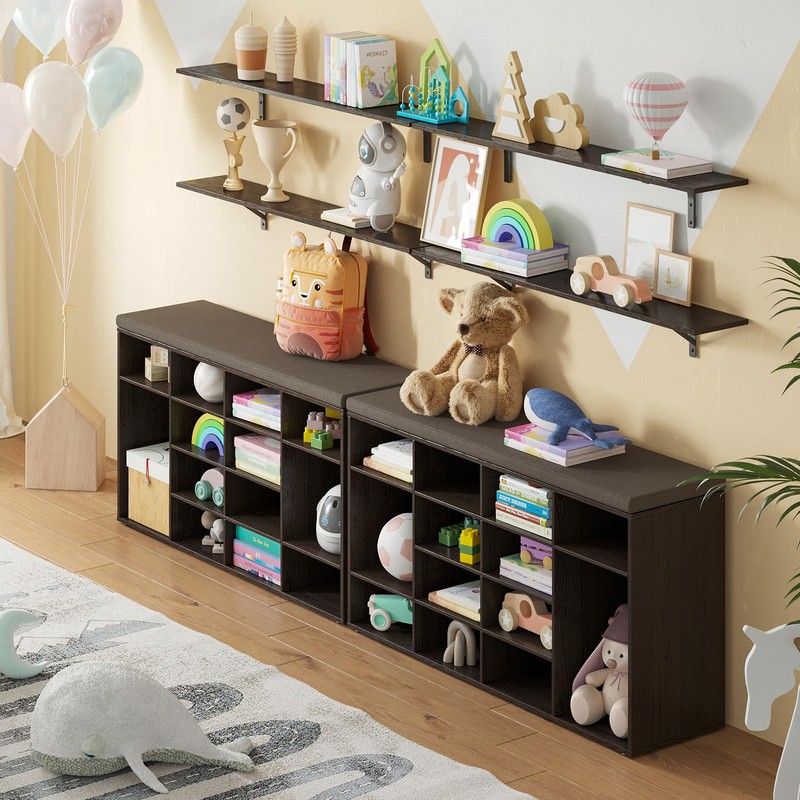 DINZI LVJ Shoe Storage Bench with Cushion, 16-Cubby Shoe Rack,