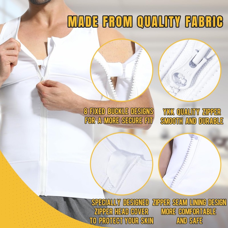 PODFAN Mens Compression Shirt Zipper, Gynecomastia Tummy Control Vest, Back