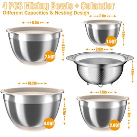 Mixing Bowls with Airtight Lids Set, 4 Stainless Steel Bowls Nesting Bowls & Colander, Kitchen Organizers and Storage Non-Slip Bottom, Size 1.5/2.0/2.5/4.0QT, Great for Mixing & Serving, Khaki
