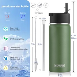 koodee Water Bottle-16 oz Stainless Steel Double Wall Vacuum Insulated Sports Water Bottle with Straw for Girls and Boy (Grass Green)