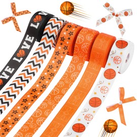Pineraap 6 Rolls 30 Yards Basketball Ribbons, 7/8'' Basketball Grosgrain Ribbons Orange Black Sports Decorative Craft Ribbon for Hair Bows Wreath Making Gift Wrapping Party Decor