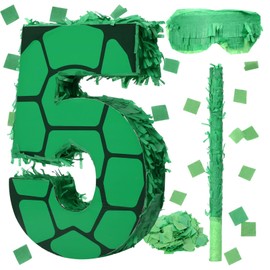 Gemscream Number 5 Cartoon Turtle Theme Piñata Set 13.7 x 9.8 x 1.9 Inch Green Turtle Piñata with Blindfold Stick and Confetti for Kids Boys Girls Animal Birthday Decoration Supplies Game Props