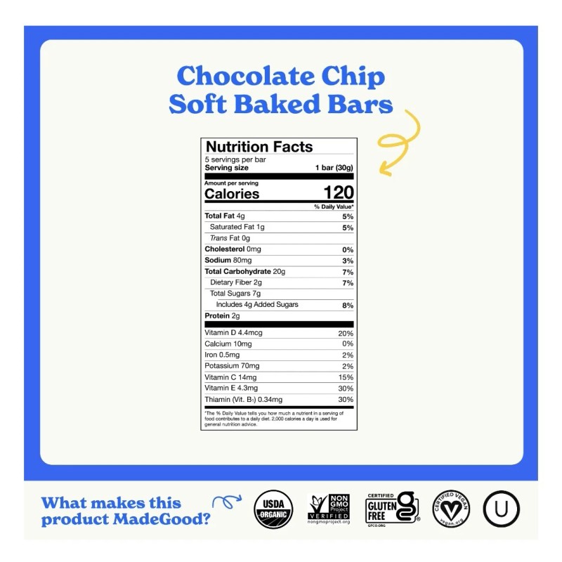 MadeGood Mornings Organic Chocolate Chip Breakfast Bars, 5 Count, 6oz